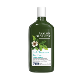 Avalon Organics Scalp Treatment Tea Tree Conditioner bottle with tea tree leaf illustration.