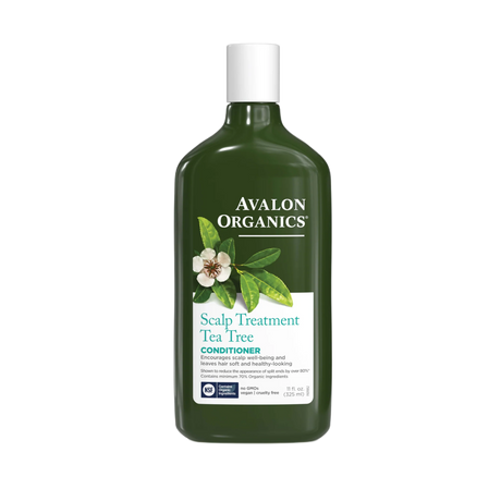 Avalon Organics Scalp Treatment Tea Tree Conditioner bottle with tea tree leaf illustration.