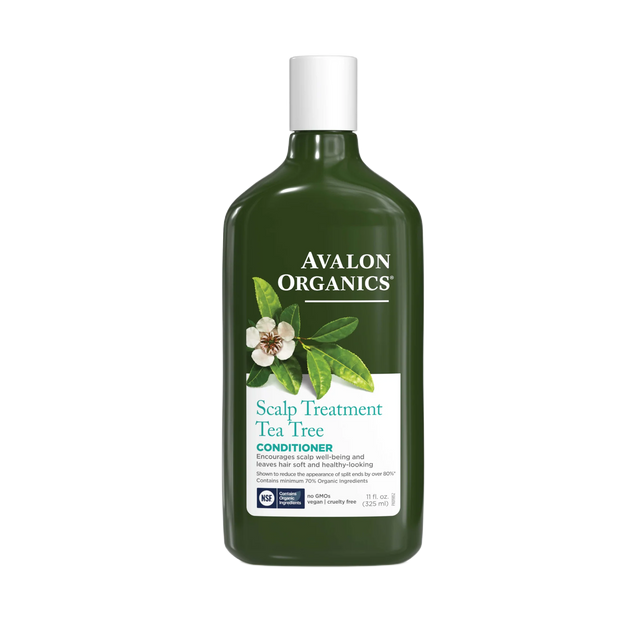 Avalon Organics Scalp Treatment Tea Tree Conditioner bottle with tea tree leaf illustration.