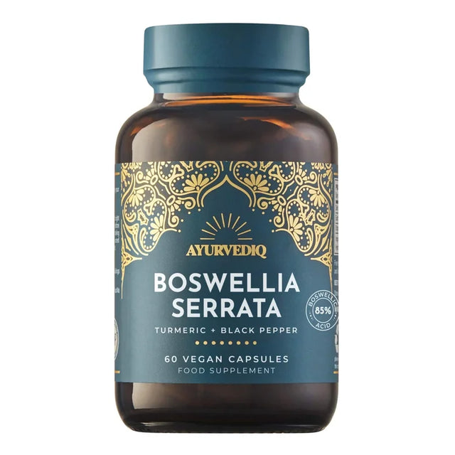 Ayurvediq Boswellia Serrata food supplement bottle containing 60 vegan capsules with turmeric and black pepper.