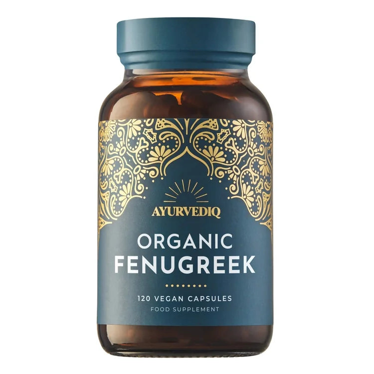 Ayurvediq Organic Fenugreek food supplement bottle containing 120 vegan capsules.