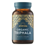Ayurvediq Organic Triphala food supplement bottle containing 120 vegan capsules.
