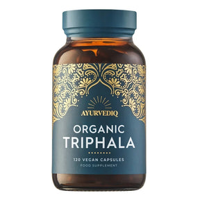 Ayurvediq Organic Triphala food supplement bottle containing 120 vegan capsules.