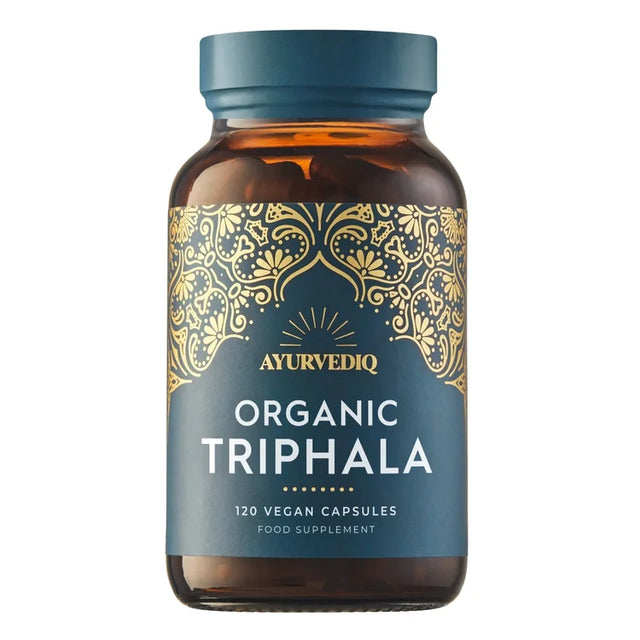 Ayurvediq Organic Triphala food supplement bottle containing 120 vegan capsules.