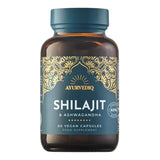 Ayurvediq Shilajit & Ashwagandha food supplement bottle containing 60 vegan capsules.