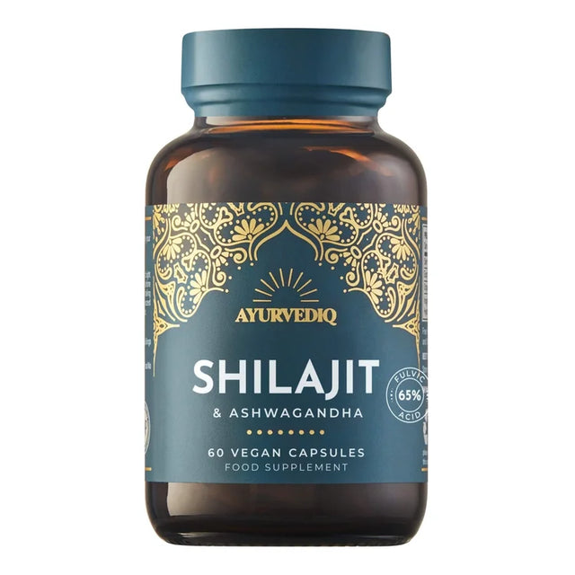 Ayurvediq Shilajit & Ashwagandha food supplement bottle containing 60 vegan capsules.
