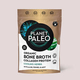 Planet Paleo Organic Bone Broth Collagen Protein, Cooling Herbs flavor with aloe, fennel, and mint, 225g pouch.