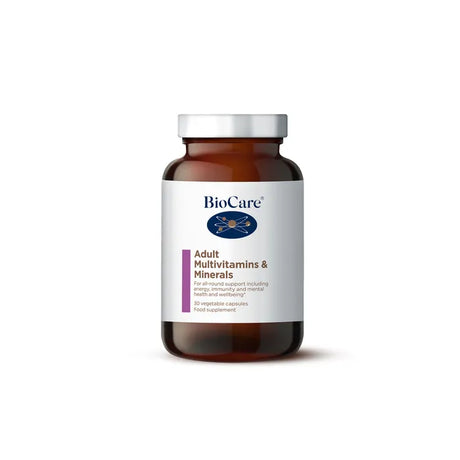 A 75g jar of BioCare Children's Complete Multinutrient powder food supplement for growth, cognitive development, and immunity, featuring a white and purple label and silver cap, isolated on a white background.