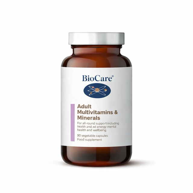 A 60-capsule amber glass jar of BioCare Methyl B Complex with methylfolate and methyl B12 for energy and nervous support, featuring a white and light purple label and silver cap, isolated on a white background.