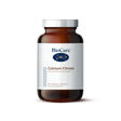A 90-vegetable capsule amber glass jar of BioCare Calcium Citrate food supplement for bone and muscle support, featuring a white and light grey label and silver cap, isolated on a white background.