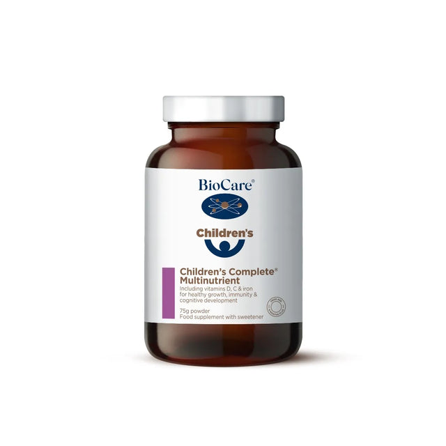 A 75g jar of BioCare Children's Complete Multinutrient powder food supplement with a white and purple label and silver cap, isolated on a white background.