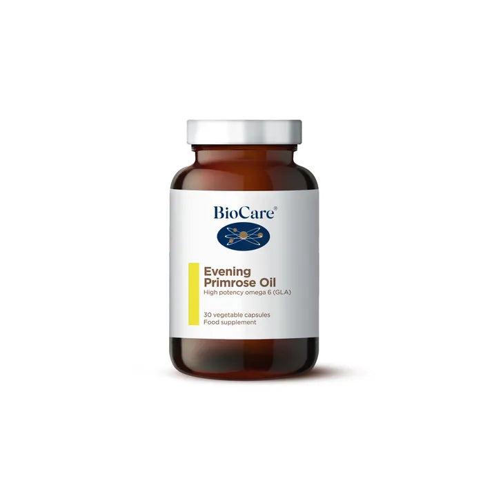A 30-capsule amber glass jar of BioCare Evening Primrose Oil high potency omega 6 (GLA) food supplement with a white and yellow label and silver cap, isolated on a white background.