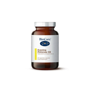 A 30-capsule amber glass jar of BioCare Evening Primrose Oil high potency omega 6 (GLA) food supplement with a white and yellow label and silver cap, isolated on a white background.
