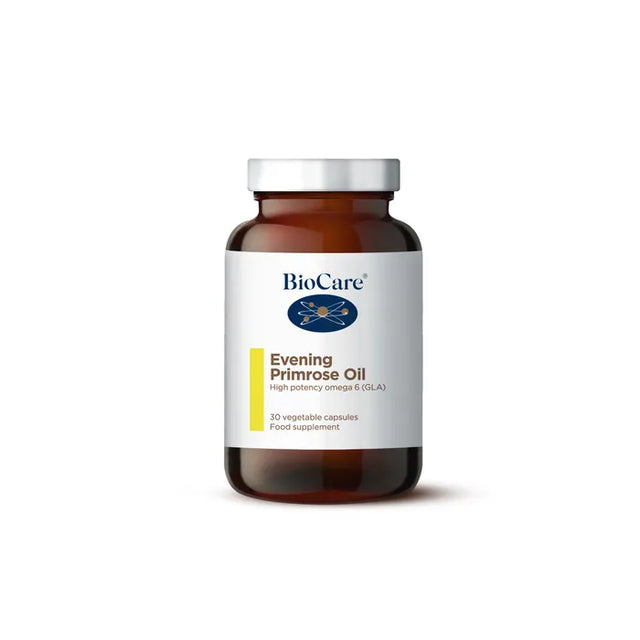 A 30-capsule amber glass jar of BioCare Evening Primrose Oil high potency omega 6 (GLA) food supplement with a white and yellow label and silver cap, isolated on a white background.