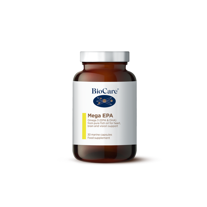 A 30-marine capsule amber glass jar of BioCare Mega EPA Omega 3 (EPA & DHA) pure fish oil food supplement with a white and yellow label and silver cap, isolated on a white background.