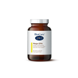 A 30-marine capsule amber glass jar of BioCare Mega EPA Omega 3 (EPA & DHA) pure fish oil food supplement with a white and yellow label and silver cap, isolated on a white background.