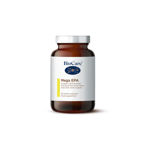 A 30-marine capsule amber glass jar of BioCare Mega EPA Omega 3 (EPA & DHA) pure fish oil food supplement with a white and yellow label and silver cap, isolated on a white background.