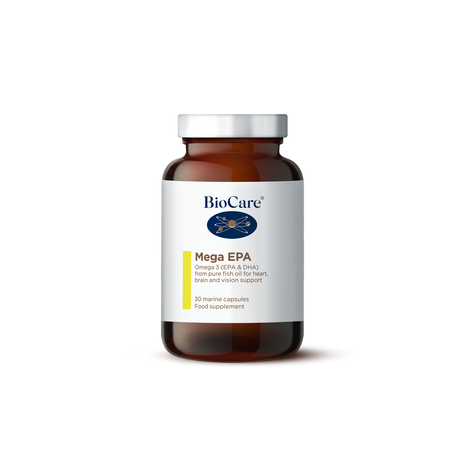 A 30-marine capsule amber glass jar of BioCare Mega EPA Omega 3 (EPA & DHA) pure fish oil food supplement with a white and yellow label and silver cap, isolated on a white background.