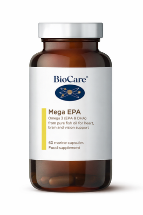 A 30-marine capsule amber glass jar of BioCare Mega EPA Omega 3 (EPA & DHA) pure fish oil food supplement with a white and yellow label and silver cap, isolated on a white background.