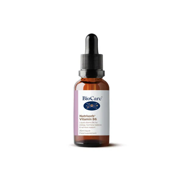 A 30ml amber glass dropper bottle of BioCare Nutrisorb Vitamin B6 liquid food supplement with a white and purple label, isolated on a white background.