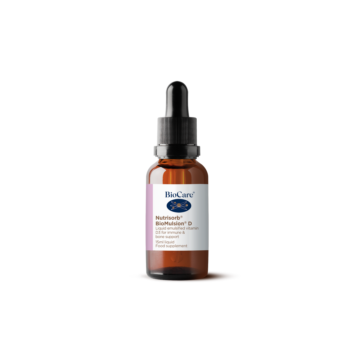 A 15ml amber glass dropper bottle of BioCare Nutrisorb BioMulsion D liquid emulsified vitamin D3 for immune and bone support, featuring a white and purple label, isolated on a black background.