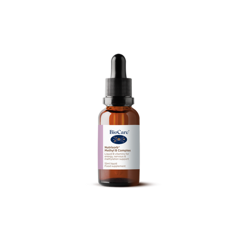A 15ml amber glass dropper bottle of BioCare Nutrisorb Methyl B Complex liquid B vitamins for energy, nervous, and methylation support, featuring a white and purple label, isolated on a white background.