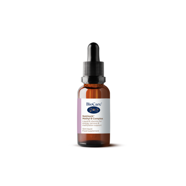 A 15ml amber glass dropper bottle of BioCare Nutrisorb Methyl B Complex liquid B vitamins for energy, nervous, and methylation support, featuring a white and purple label, isolated on a white background.