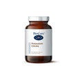 A 90-vegetable capsule amber glass jar of BioCare Potassium Citrate food supplement with a white and light grey label and silver cap, isolated on a white background.