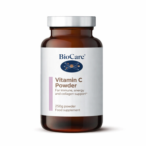 A 250g jar of BioCare Vitamin C Powder food supplement for immune, energy, and collagen support, featuring a white and light purple label and silver cap, isolated on a white background.