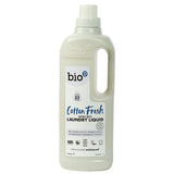 "Bio-D Cotton Fresh Non-Bio Laundry Liquid, 1-litre bottle, suitable for up to 33 washes, featuring 100% naturally derived and ethically sourced ingredients."