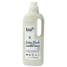 "Bio-D Cotton Fresh Non-Bio Laundry Liquid, 1-litre bottle, suitable for up to 33 washes, featuring 100% naturally derived and ethically sourced ingredients."