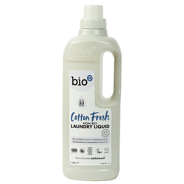 "Bio-D Cotton Fresh Non-Bio Laundry Liquid, 1-litre bottle, suitable for up to 33 washes, featuring 100% naturally derived and ethically sourced ingredients."