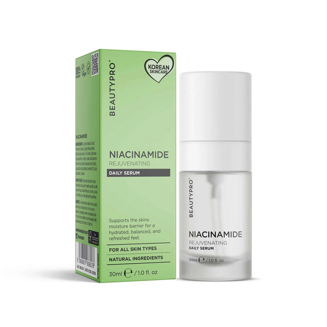 A green box and white bottle of BeautyPro Niacinamide Rejuvenating Daily Serum, labeled for all skin types and featuring Korean skincare branding.