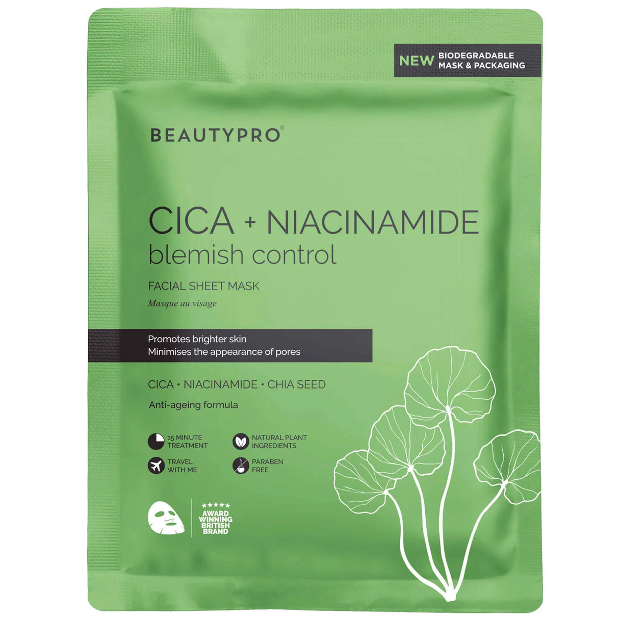 BeautyPro Cica + Niacinamide blemish control facial sheet mask with an anti-ageing formula, featuring biodegradable mask and packaging.