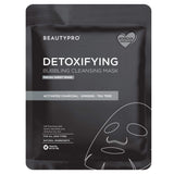 BeautyPro Detoxifying Bubbling Cleansing Mask package. Black with white text; features activated charcoal, ginseng, tea tree; suitable for all skin types.