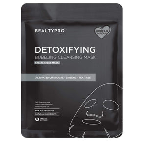 BeautyPro Detoxifying Bubbling Cleansing Mask package. Black with white text; features activated charcoal, ginseng, tea tree; suitable for all skin types.