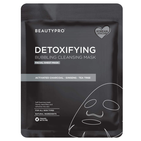 BeautyPro Detoxifying Bubbling Cleansing Mask package. Black with white text; features activated charcoal, ginseng, tea tree; suitable for all skin types.