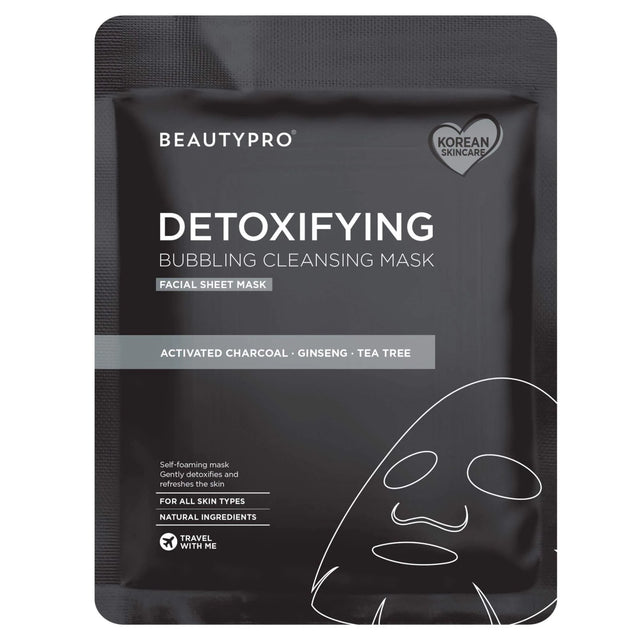 BeautyPro Detoxifying Bubbling Cleansing Mask package. Black with white text; features activated charcoal, ginseng, tea tree; suitable for all skin types.