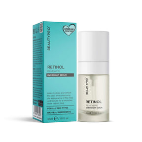 BeautyPro Retinol Renewing Overnight Serum with light teal box and white pump bottle. Promotes hydration and smooth texture for all skin types.