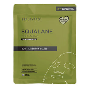 Olive green packaging of a BeautyPro Squalane Nourishing Facial Sheet Mask, featuring icons for biodegradable packaging and Korean skincare.