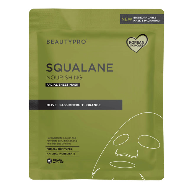 Olive green packaging of a BeautyPro Squalane Nourishing Facial Sheet Mask, featuring icons for biodegradable packaging and Korean skincare.