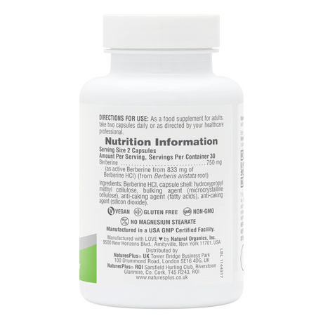 Back label of NaturesPlus PRO Berberine 750 supplement bottle showing nutrition facts, serving size of 2 capsules, 750mg Berberine dosage, and certifications including Vegan, Gluten-Free, and Non-GMO.