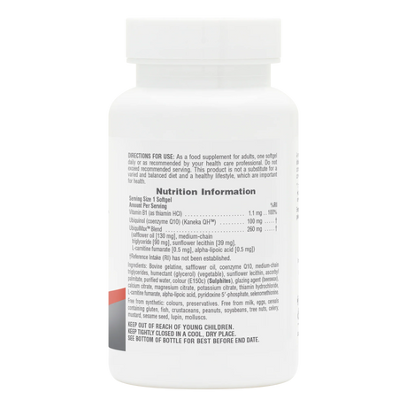 Back label of NaturesPlus Beyond CoQ10 supplement bottle showing nutrition information, serving size of 1 softgel, 100mg Ubiquinol dosage, and full ingredient list on a white container.