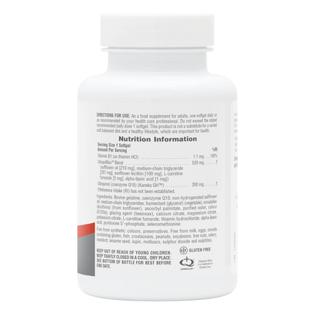Back of bottle label for NaturesPlus Beyond CoQ10 200mg Ubiquinol showing nutrition facts, directions for use, and a comprehensive list of ingredients and allergens.