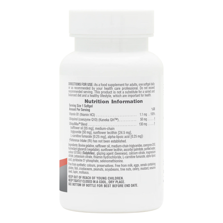 Back label of NaturesPlus Beyond CoQ10 supplement bottle showing Nutrition Information, ingredients list, and storage directions.
