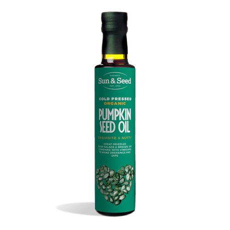 Sun & Seed organic cold-pressed pumpkin seed oil in a bottle with an exquisite and nutty flavor.