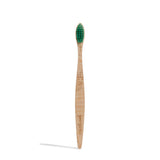 Wooden toothbrush with green bristles and engraved leaf pattern on the handle. The word "georganics" is etched into the handle, conveying an eco-friendly feel.