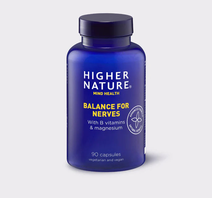 Higher Nature Balance for Nerves 90 vegetarian and vegan capsules, formulated with B vitamins and magnesium.