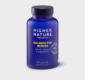 Higher Nature Balance for Nerves 90 vegetarian and vegan capsules, formulated with B vitamins and magnesium.