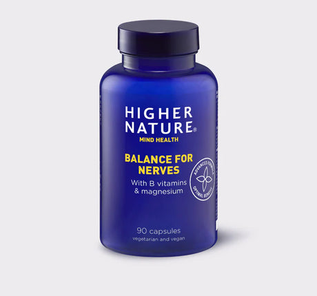 Higher Nature Balance for Nerves 90 vegetarian and vegan capsules, formulated with B vitamins and magnesium.